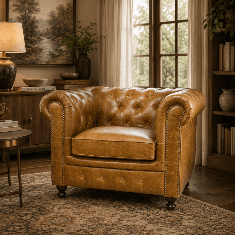 Heritage Rolled-Arm Chesterfield in Tan Leather